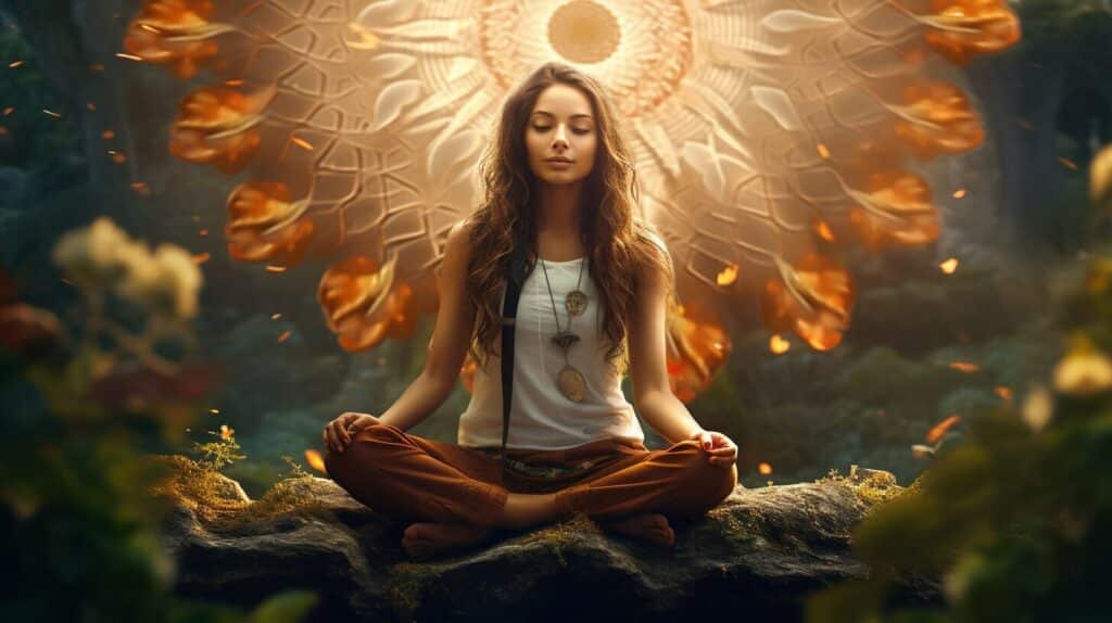 person meditating with spiritual symbols